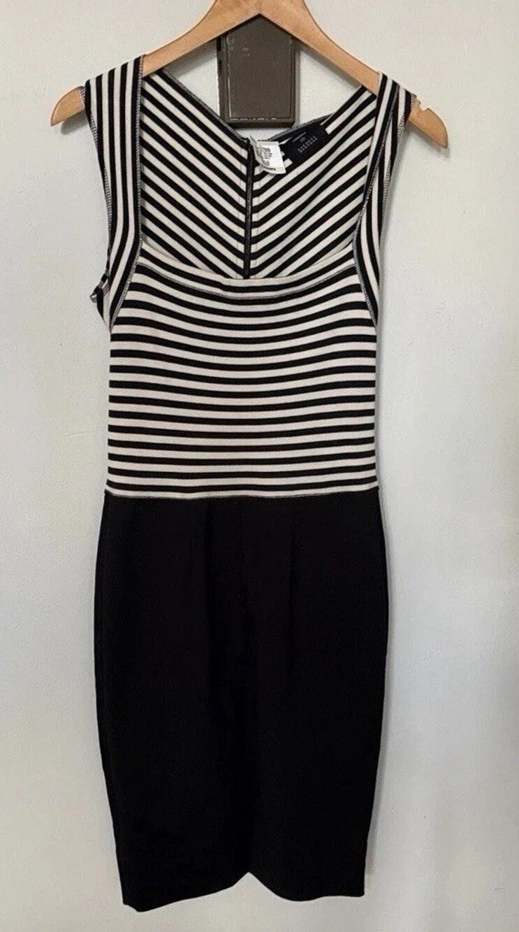 L'Agence Women’s 6 Black Cream Striped Bodycon Sleeveless Dress Quiet Luxury